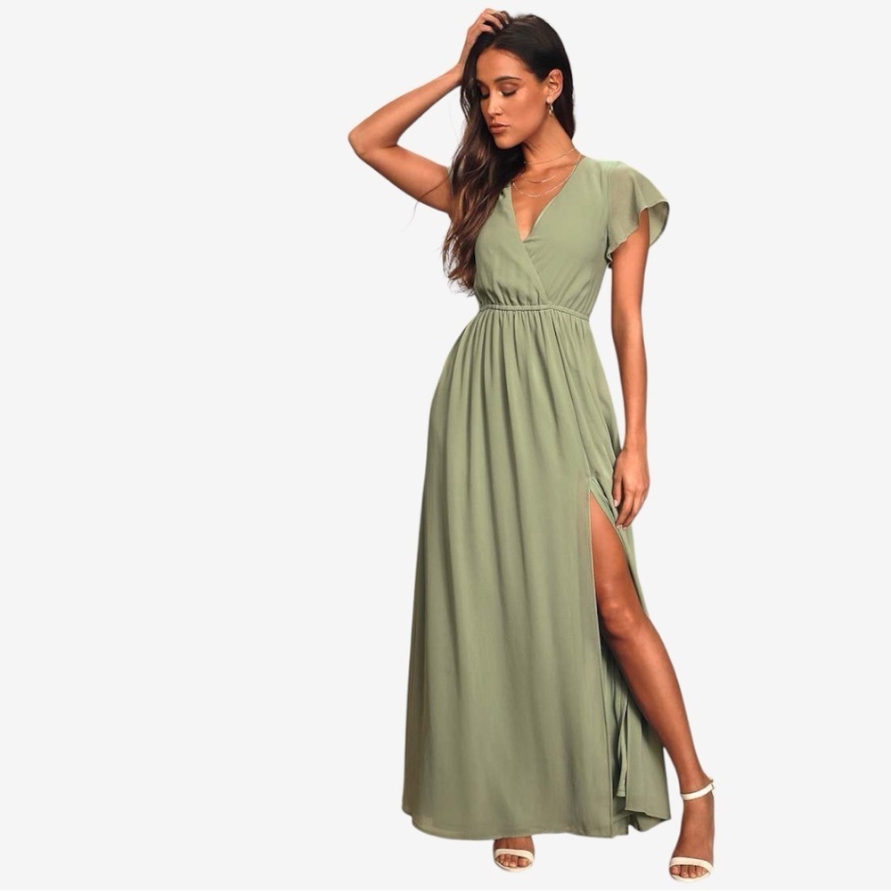 Lulu's Sage Green Maxi Dress with V-Neck and Side Slit